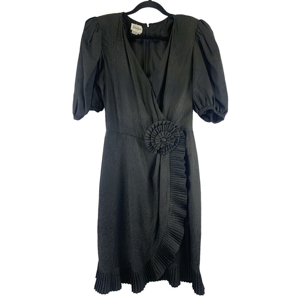 Neiman Marcus Vintage Silk Dress Puff Sleeves Faux Wrap Pleated Ruffle‎ Trim 14